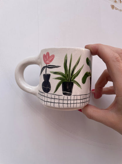 Ceramic illutrated Mug With Tabby Cat And Plants by Anna Soba
