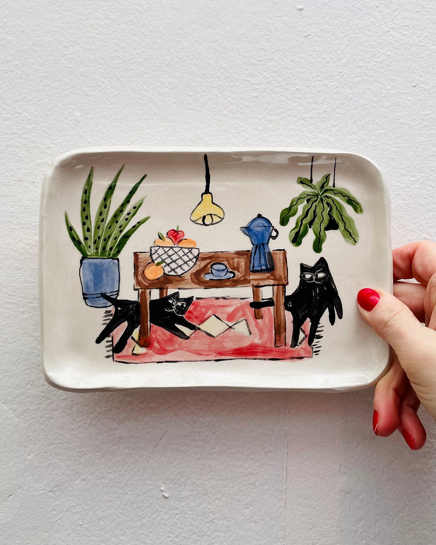 Two Sassy Cats illustrated Ceramic Trinket Tray / Plate By Anna Soba
