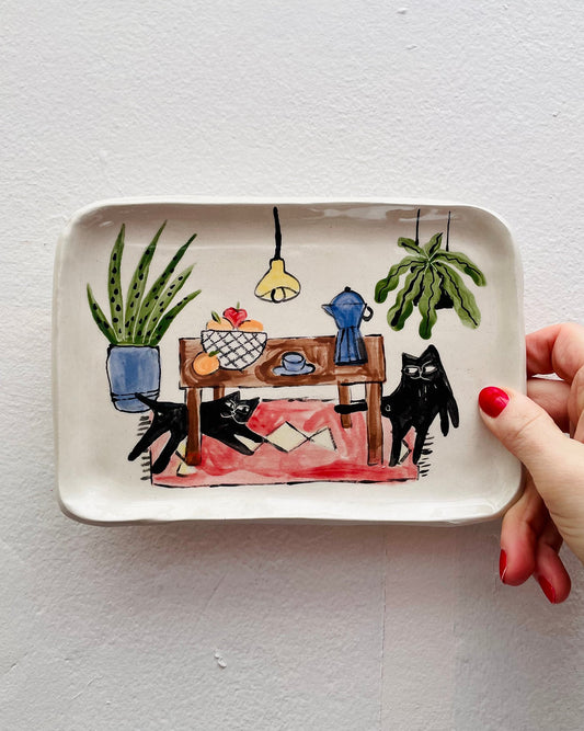 Two Sassy Cats illustrated Ceramic Trinket Tray / Plate By Anna Soba