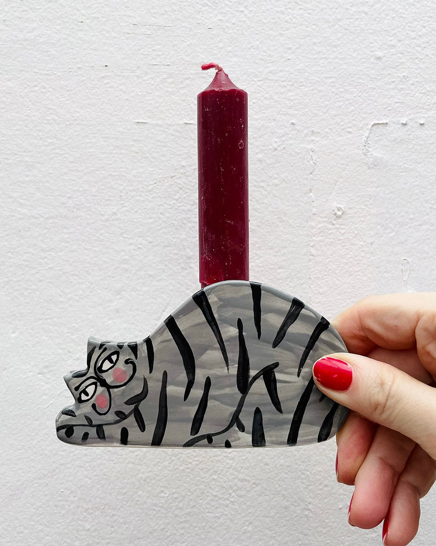 Relaxed Tabby Cat, Ceramic illustrated Candle Holder by Anna Soba