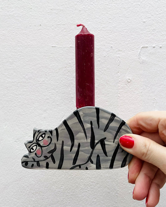 Relaxed Tabby Cat, Ceramic illustrated Candle Holder by Anna Soba