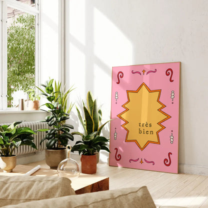 Tres Bien Art Print, Pink and Yellow Wall Art by Freya Niamh Design