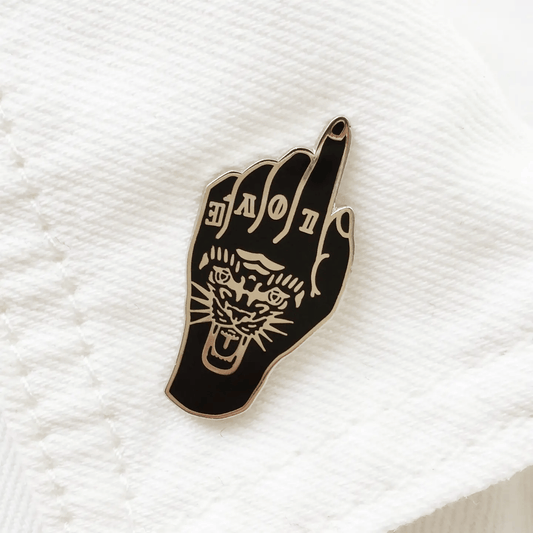 Tiger Love Tattoo Hand Enamel Pin Badge - Black/Silver by Cousins Collective