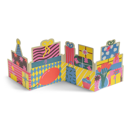 Piles of Presents Fold Out Concertina greeting Card by Naomi Wilkinson