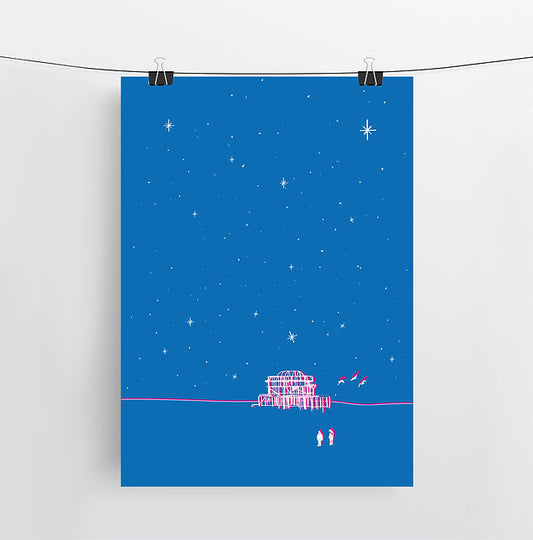 The West Pier Night, A4 Art Print by Keziah Furini