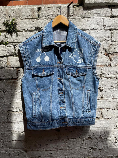 Handpainted Denim Reclaimed Vest With Flower , Cherry, Cats, Bird By Anna Soba