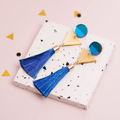 Blue Geometric Tassel Earrings by Laura Danby