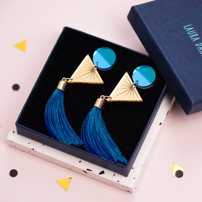 Blue Geometric Tassel Earrings by Laura Danby