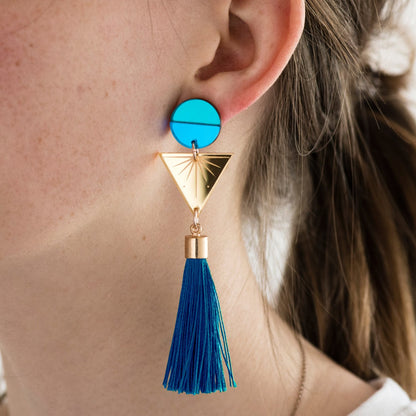 Blue Geometric Tassel Earrings by Laura Danby