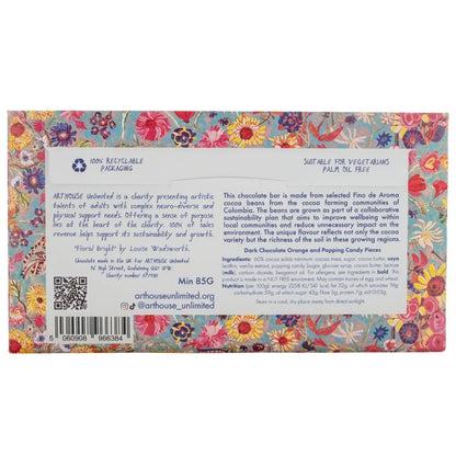 Floral Bright, Dark Chocolate Bar with Orange & Popping Candy pieces by ARTHOUSE