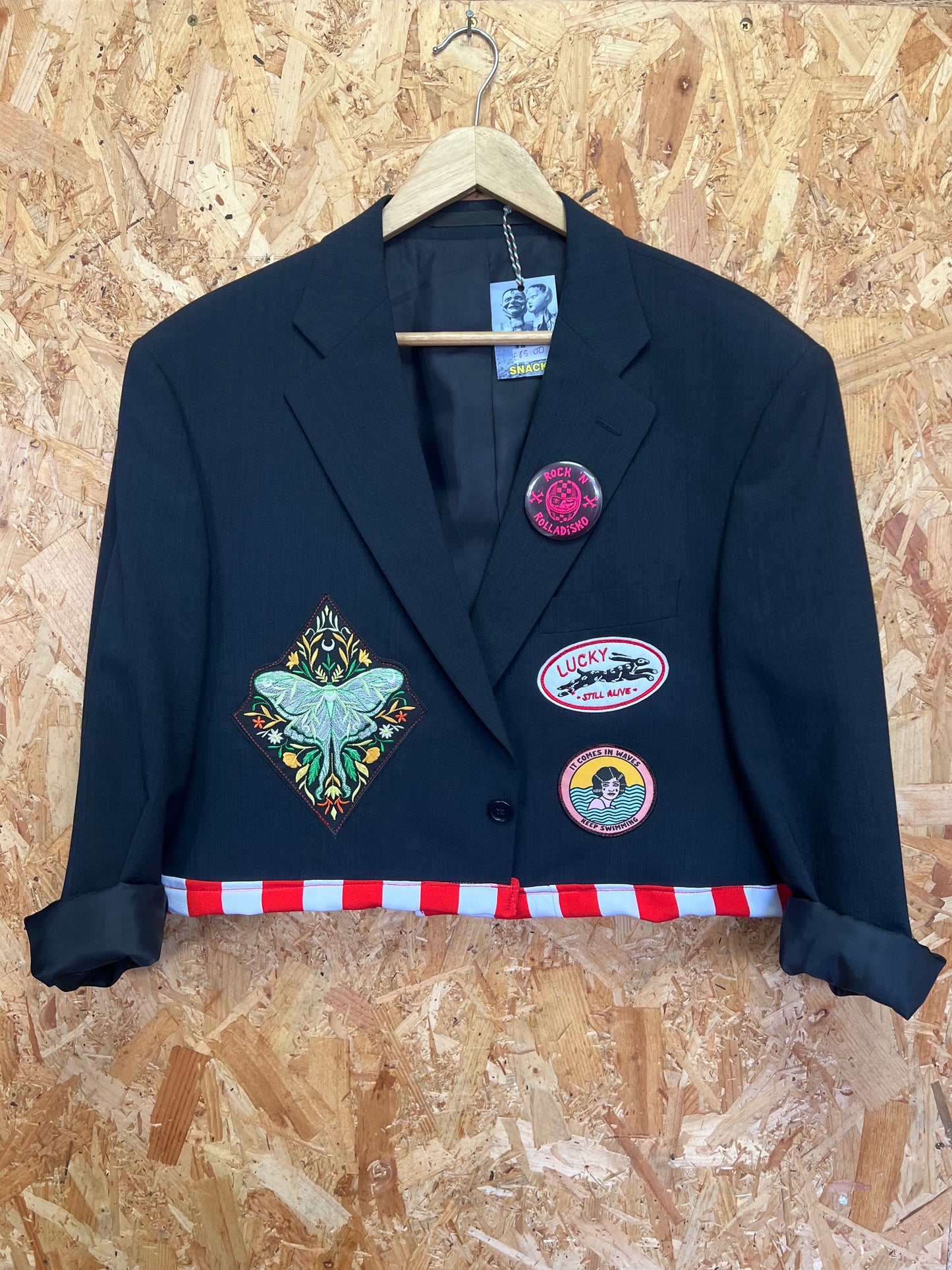 Upcycled Cropped Blazer with Patches And Pins by Snacks