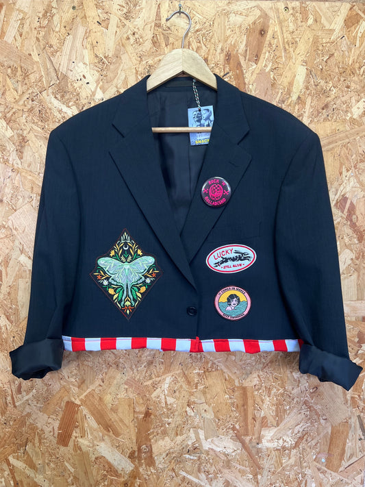 Upcycled Cropped Blazer with Patches And Pins by Snacks