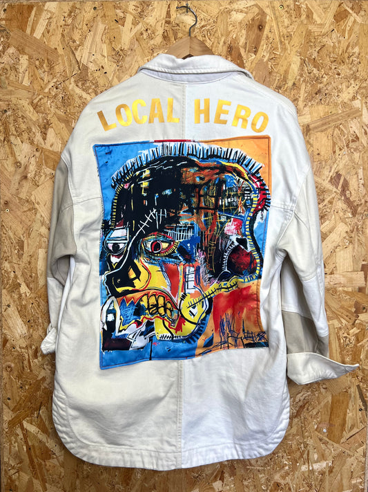 Upcycled White Denim Jacket With Pins And Patches , JM Basquiat Artwork by Snacks