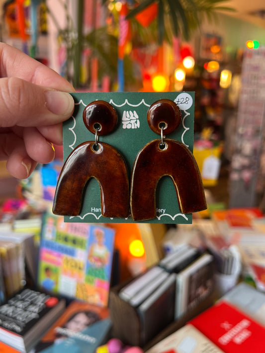 Retro Shape Handmade Ceramic Brown Earrings by Lili Toth