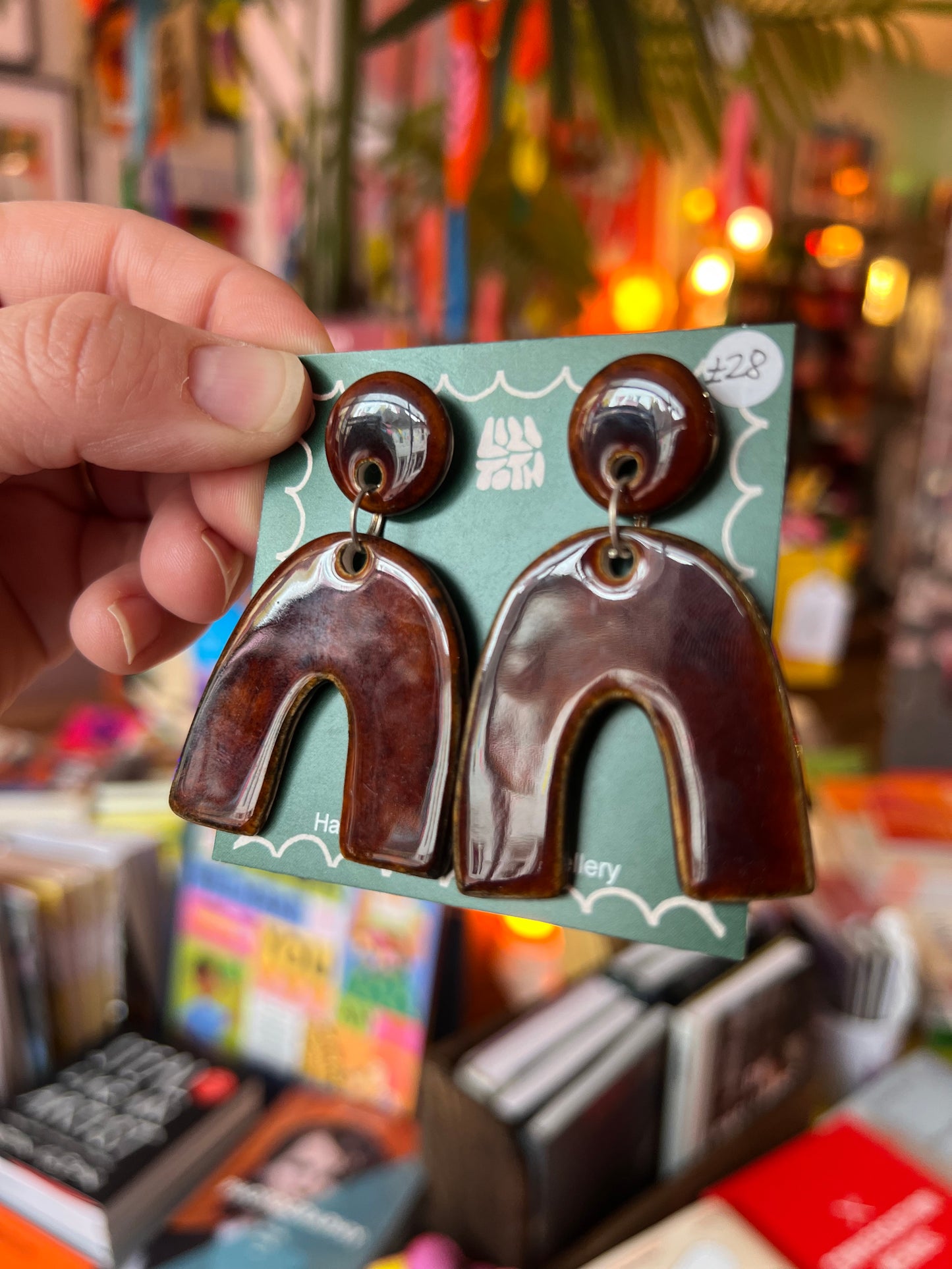 Retro Shape Handmade Ceramic Brown Earrings by Lili Toth