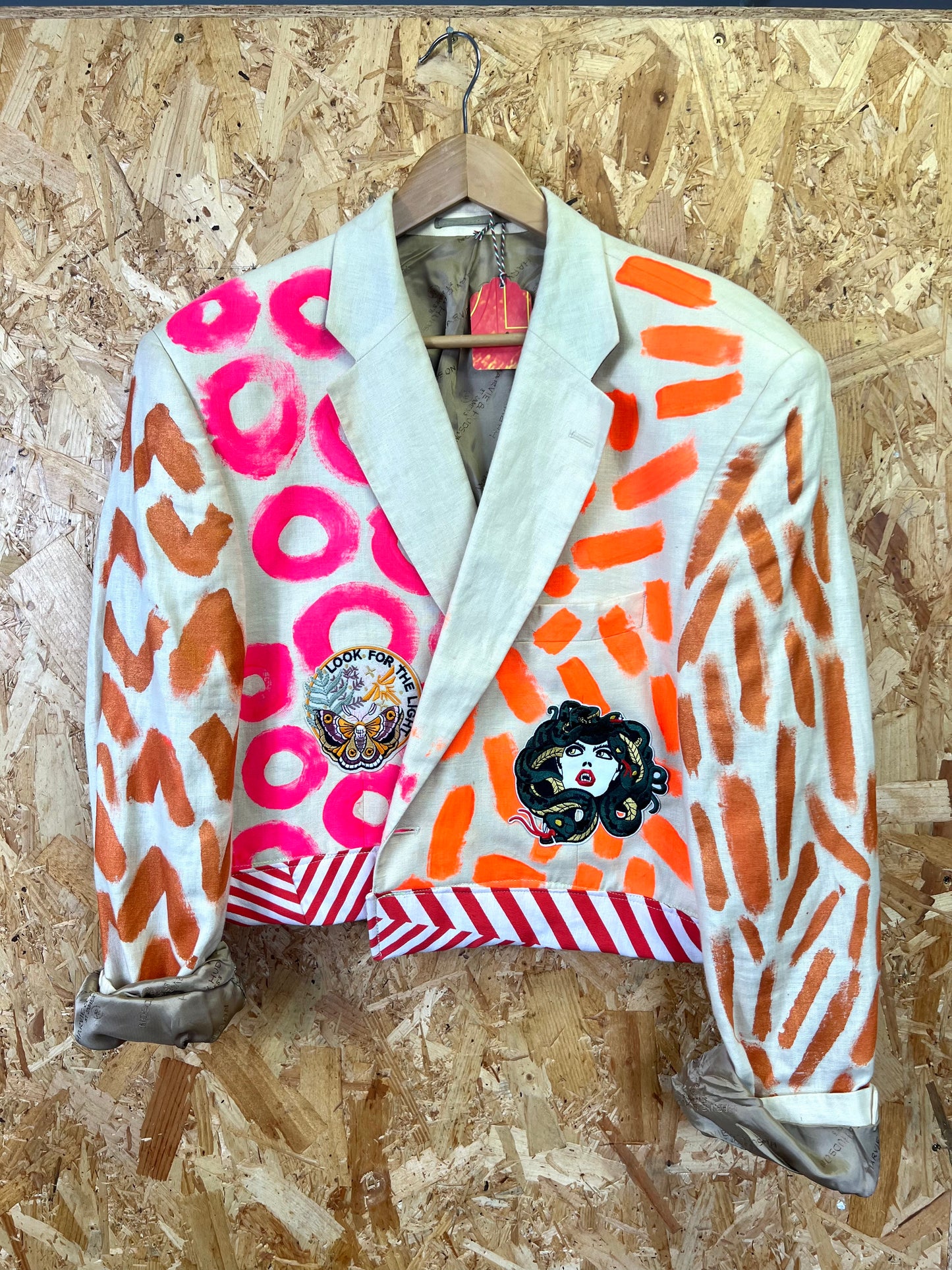 Upcycled White Blazer With Virgin Mary And Orange , Pink Artwork by Snacks