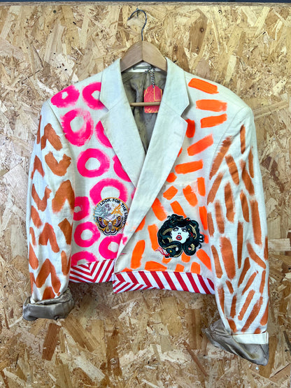 Upcycled White Blazer With Virgin Mary And Orange , Pink Artwork by Snacks