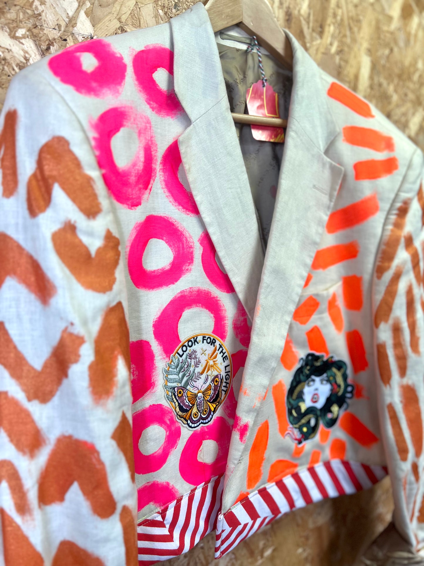 Upcycled White Blazer With Virgin Mary And Orange , Pink Artwork by Snacks