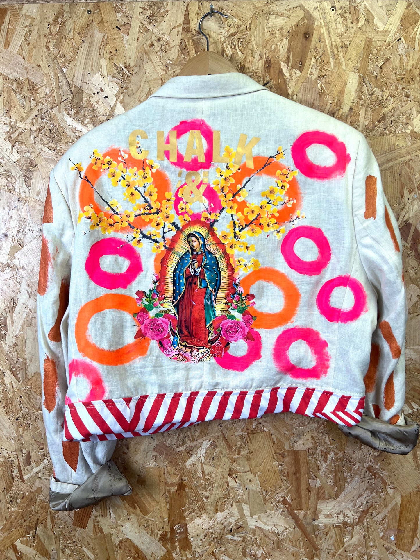 Upcycled White Blazer With Virgin Mary And Orange , Pink Artwork by Snacks