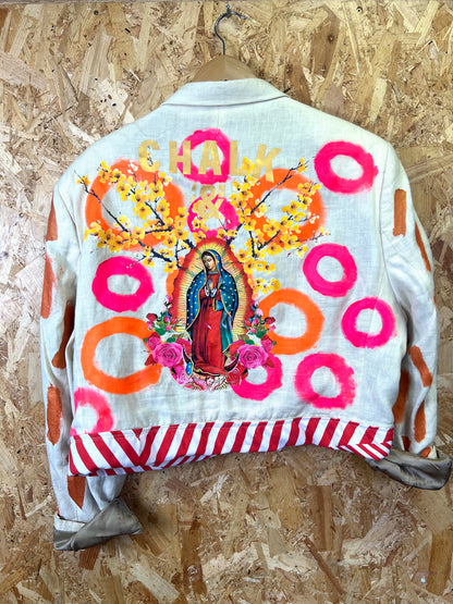 Upcycled White Blazer With Virgin Mary And Orange , Pink Artwork by Snacks
