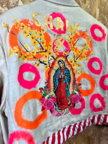 Upcycled White Blazer With Virgin Mary And Orange , Pink Artwork by Snacks