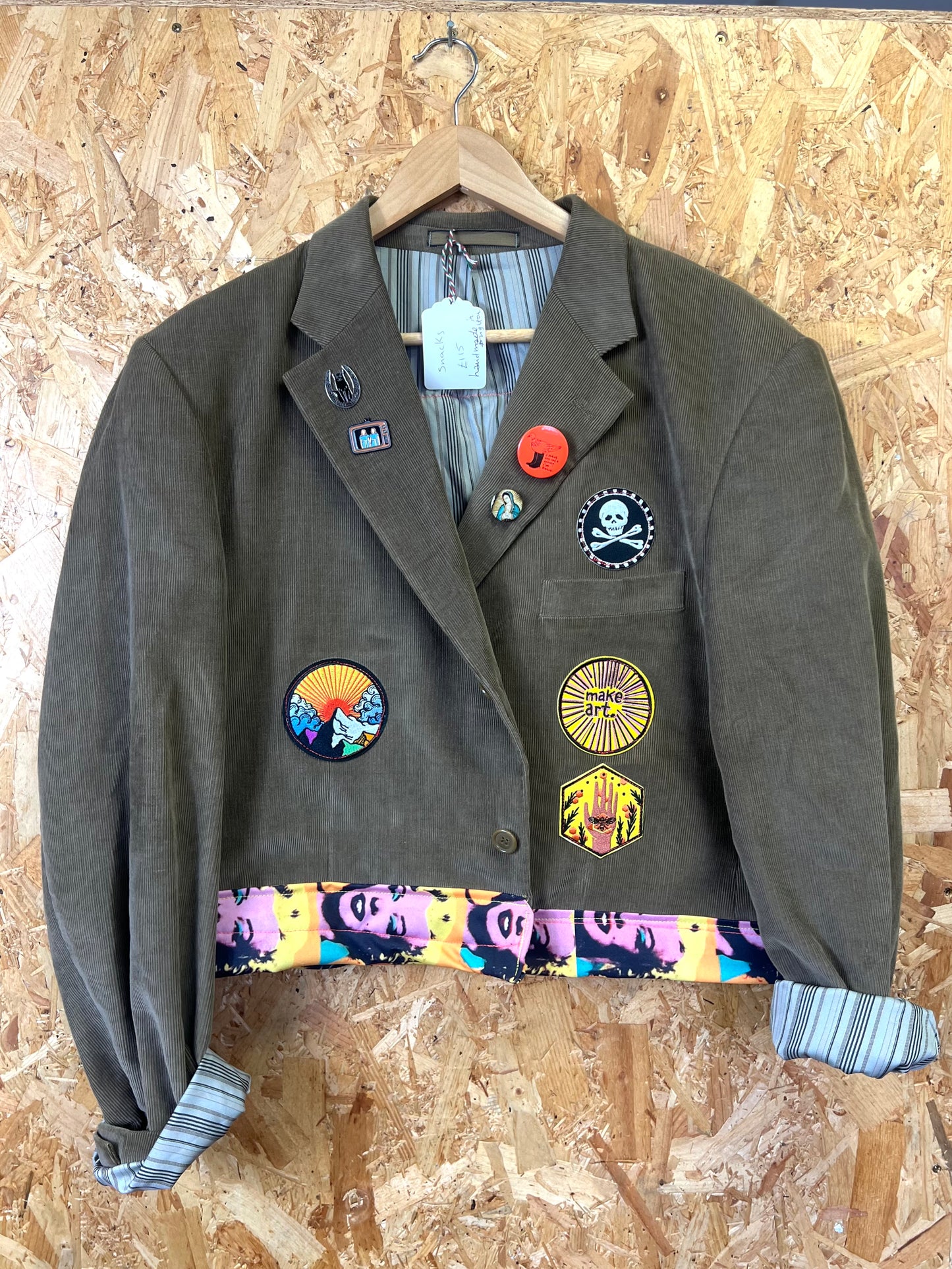 Upcycled Green Blazer With Pins And Patches, Marilyn Monroe Artwork by Snacks
