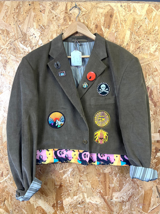 Upcycled Green Blazer With Pins And Patches, Marilyn Monroe Artwork by Snacks