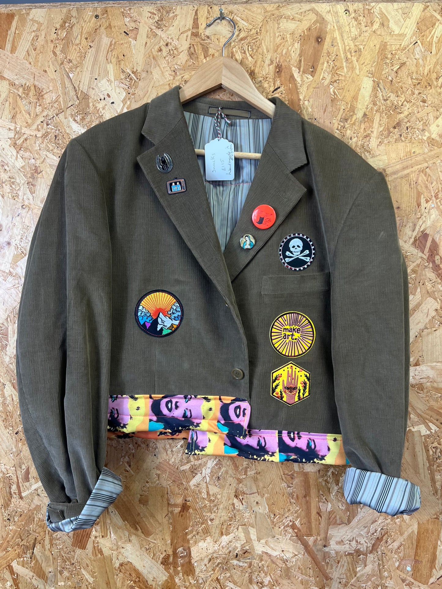 Upcycled Green Blazer With Pins And Patches, Marilyn Monroe Artwork by Snacks