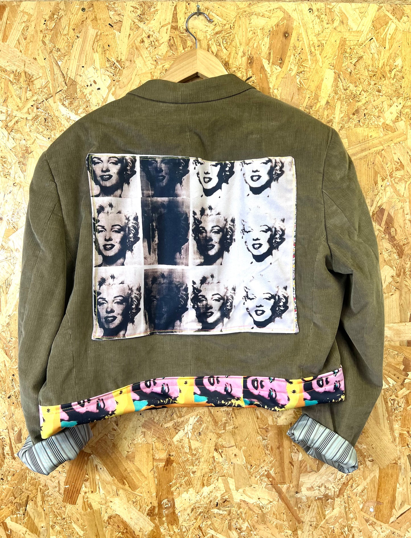 Upcycled Green Blazer With Pins And Patches, Marilyn Monroe Artwork by Snacks