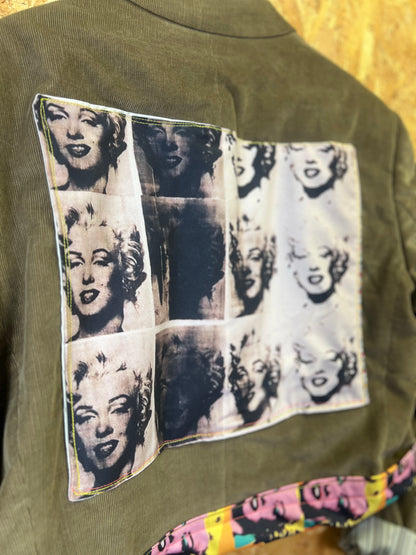 Upcycled Green Blazer With Pins And Patches, Marilyn Monroe Artwork by Snacks