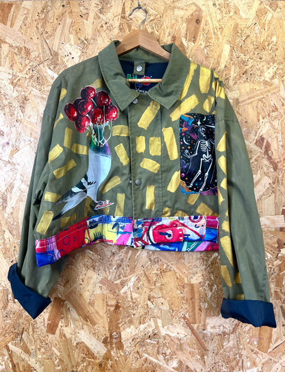 Upcycled Green Jacket With Pins And Patches, Pigeon And Virgin Mary Artwork by Snacks