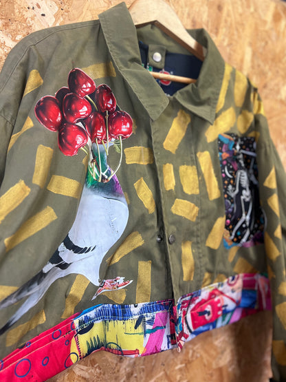 Upcycled Green Jacket With Pins And Patches, Pigeon And Virgin Mary Artwork by Snacks