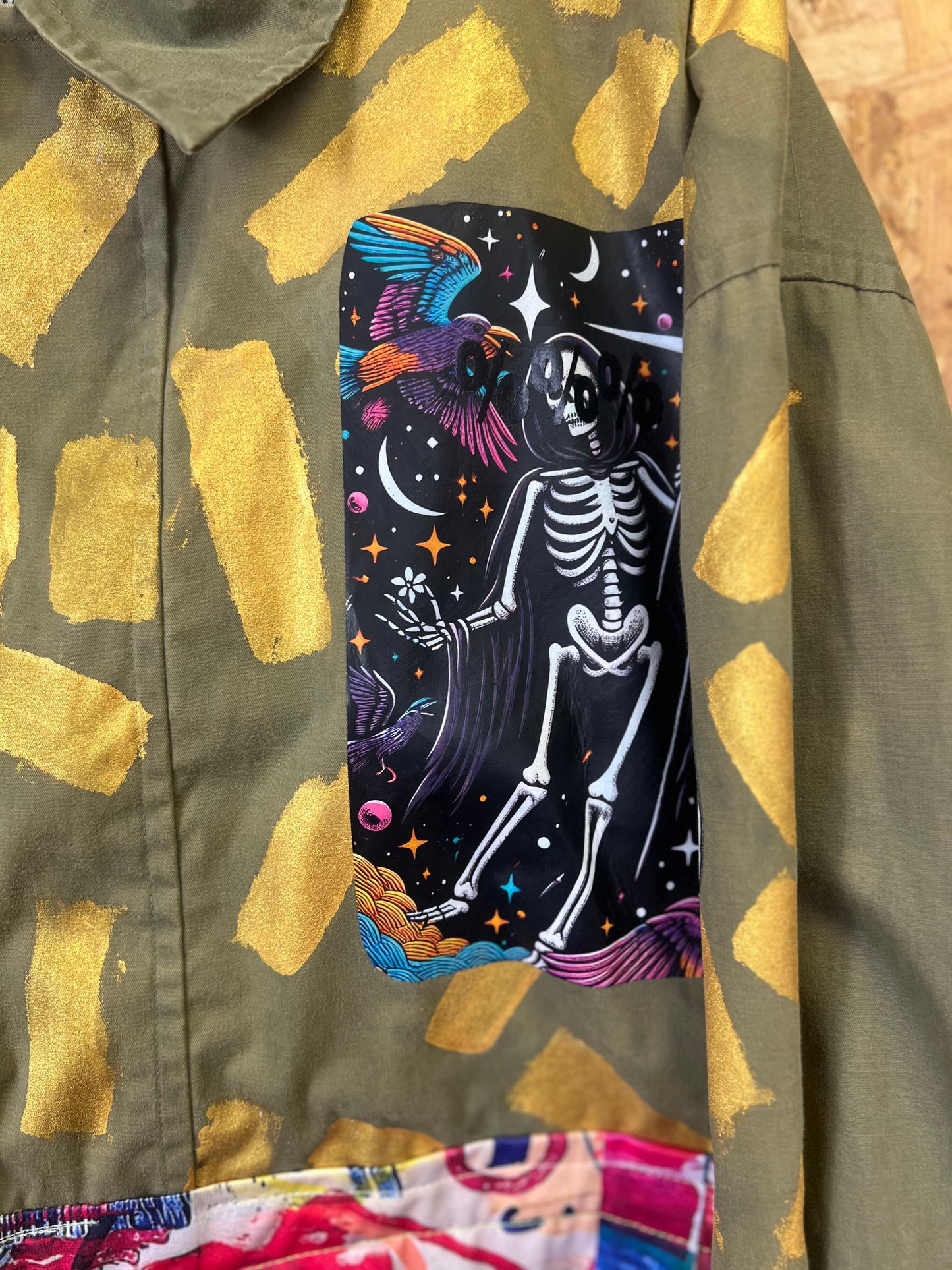 Upcycled Green Jacket With Pins And Patches, Pigeon And Virgin Mary Artwork by Snacks