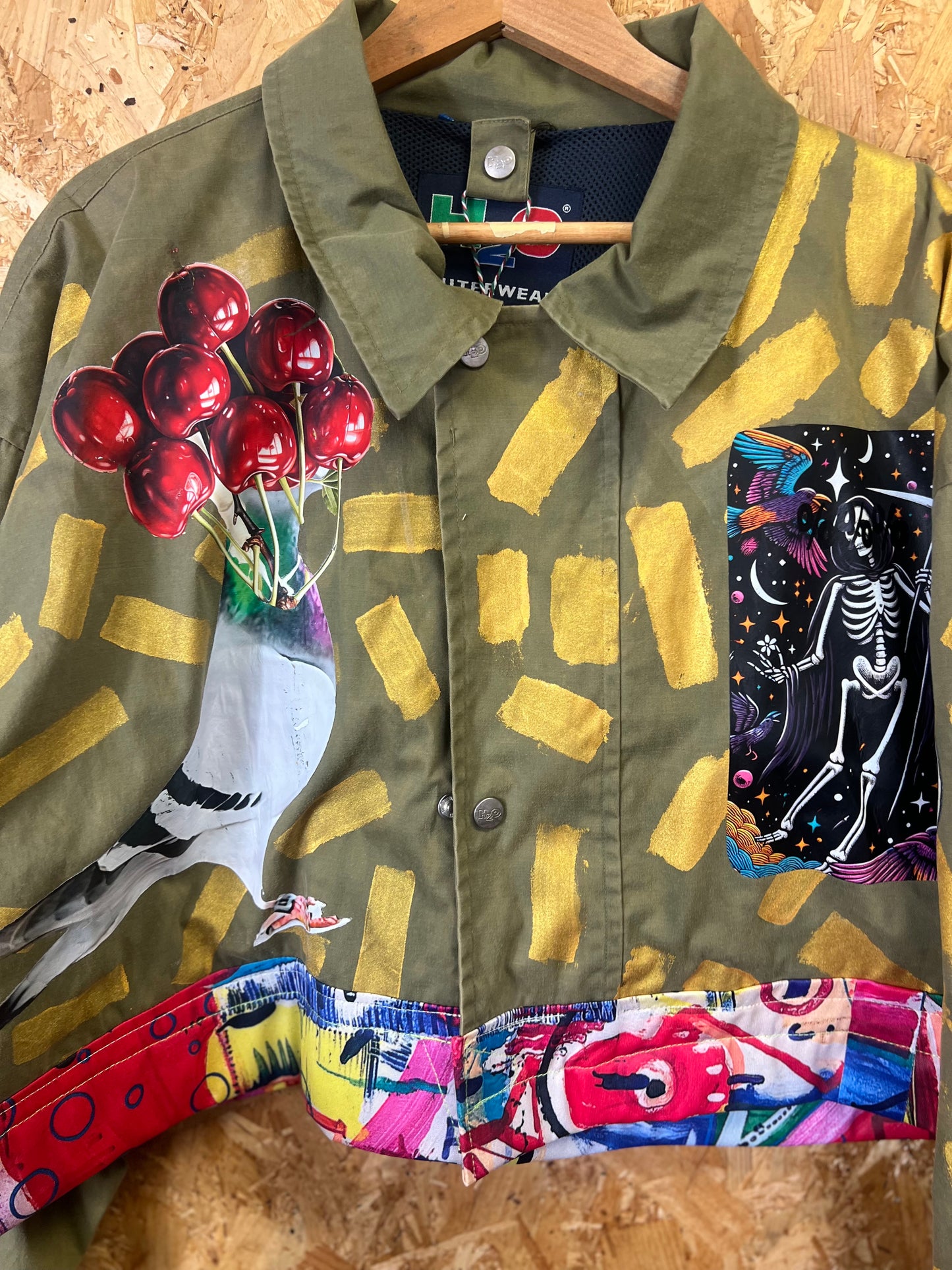 Upcycled Green Jacket With Pins And Patches, Pigeon And Virgin Mary Artwork by Snacks