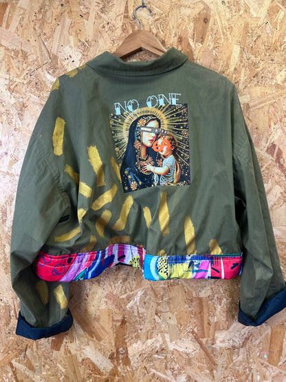 Upcycled Green Jacket With Pins And Patches, Pigeon And Virgin Mary Artwork by Snacks
