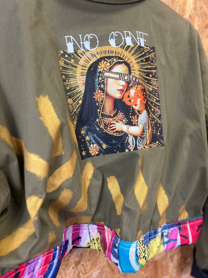Upcycled Green Jacket With Pins And Patches, Pigeon And Virgin Mary Artwork by Snacks