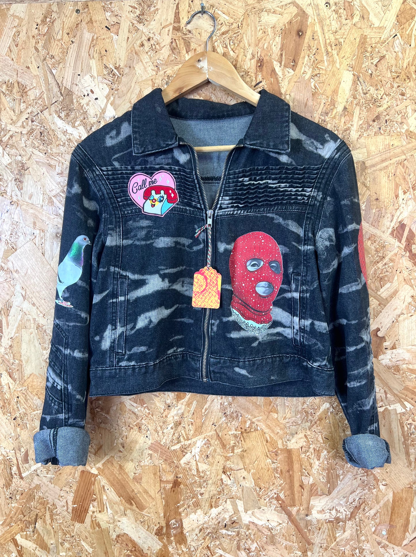 Upcycled Jacket With Pins And Patches, Virgin Mary Back by Snacks