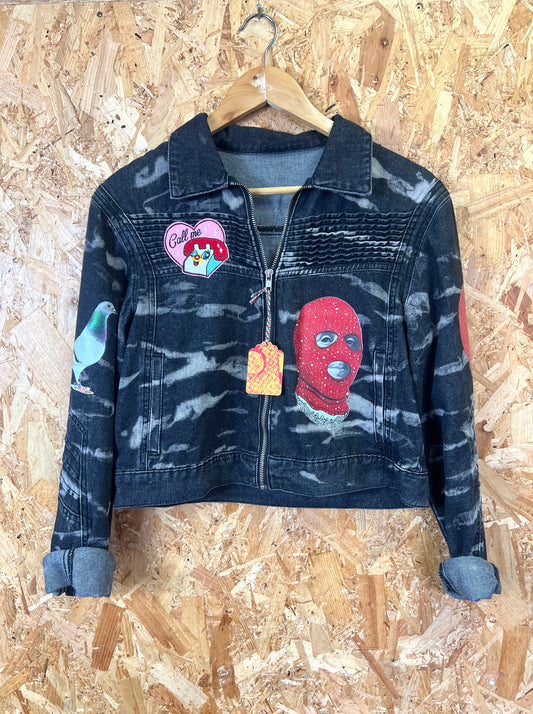 Upcycled Jacket With Pins And Patches, Virgin Mary Back by Snacks