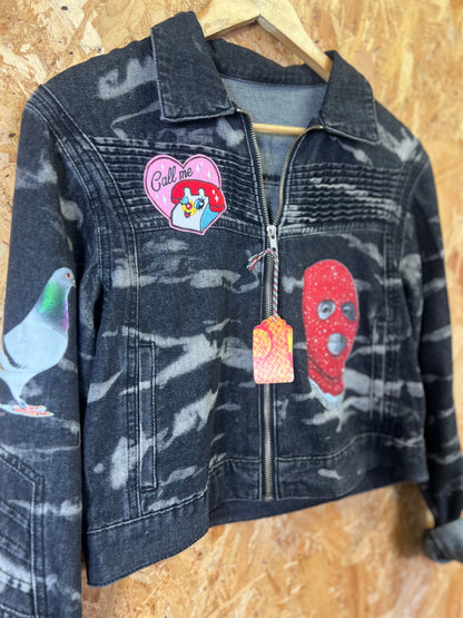 Upcycled Jacket With Pins And Patches, Virgin Mary Back by Snacks