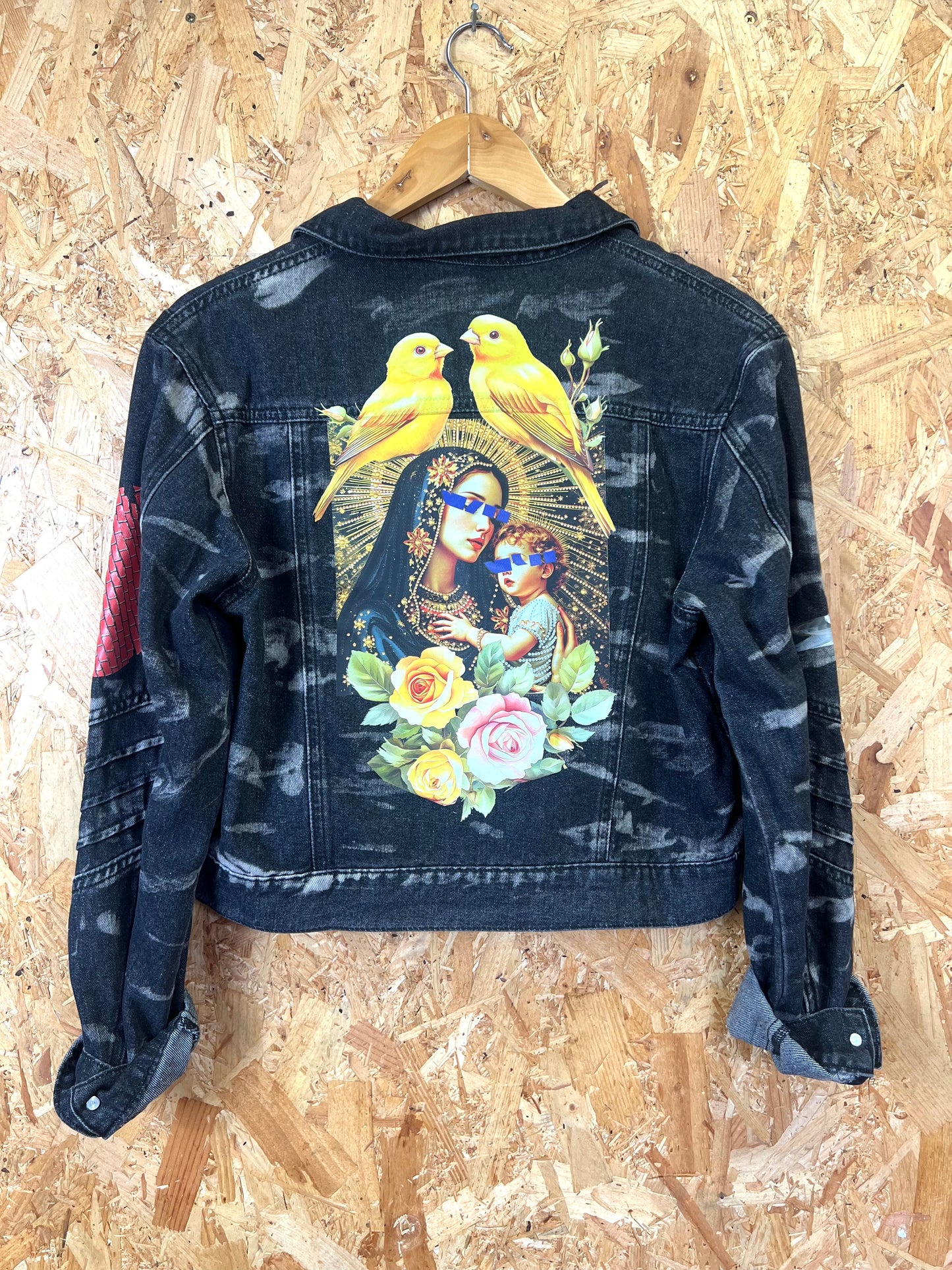 Upcycled Jacket With Pins And Patches, Virgin Mary Back by Snacks