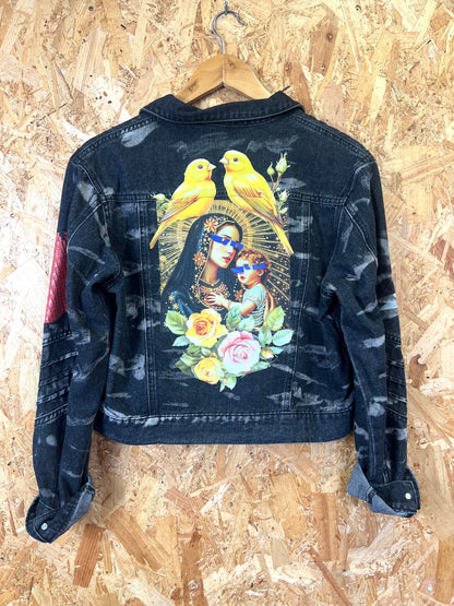 Upcycled Jacket With Pins And Patches, Virgin Mary Back by Snacks