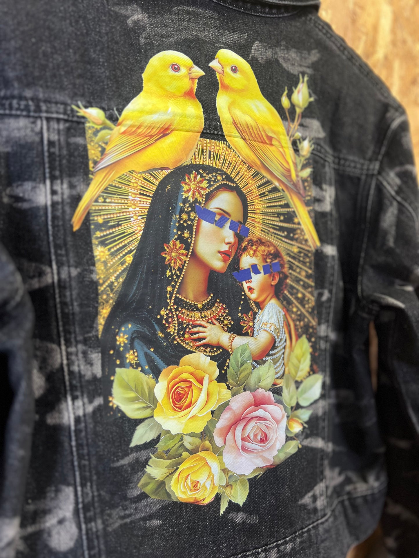 Upcycled Jacket With Pins And Patches, Virgin Mary Back by Snacks