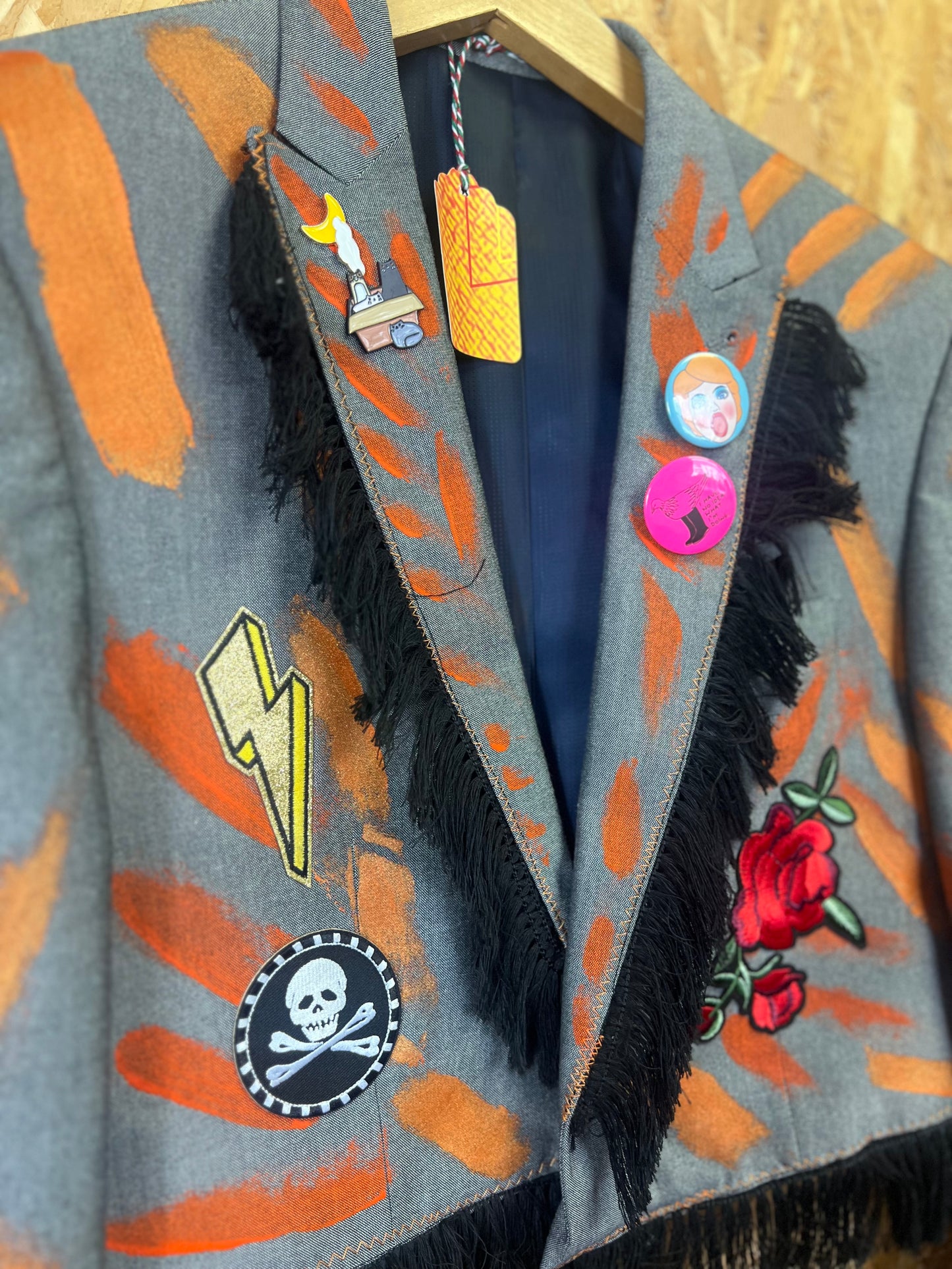 Upcycled Blazer With Pins And Patches, Cats Back by Snacks
