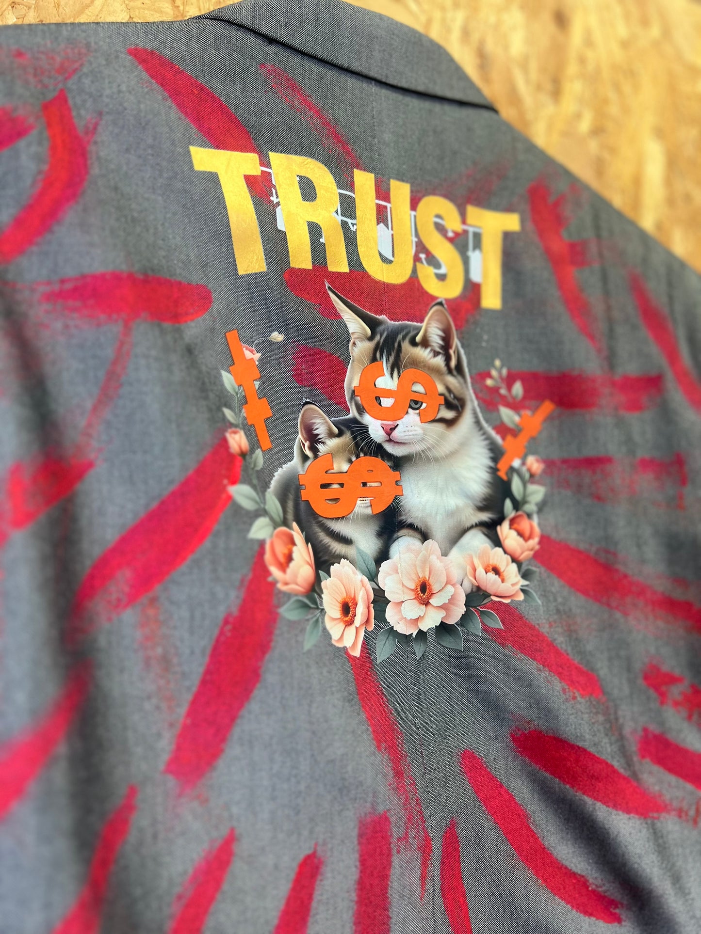 Upcycled Blazer With Pins And Patches, Cats Back by Snacks