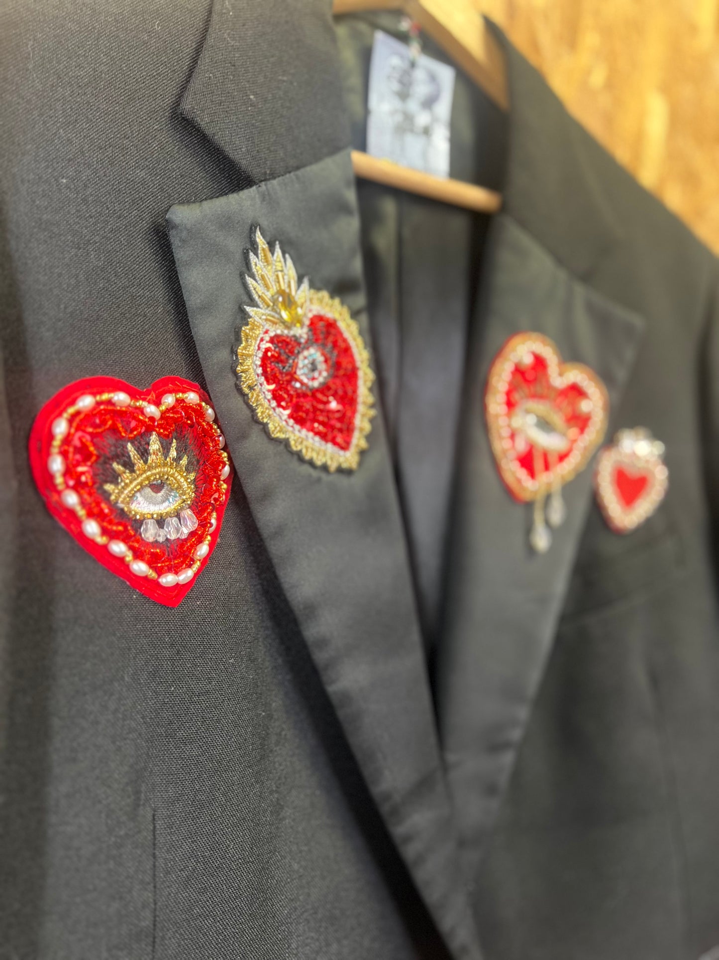Upcycled Black Blazer With Heart Patchesby Snacks