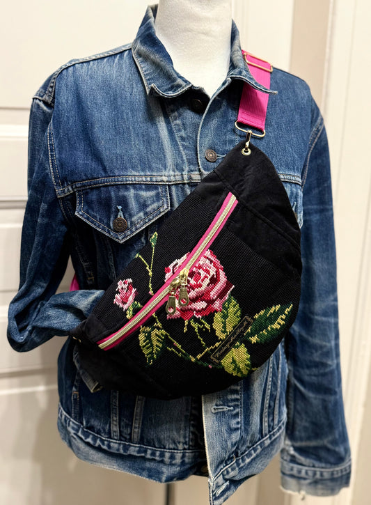 Vintage needlepoint Pink Zip French vintage tapestry bum bag by Vintagemadbym