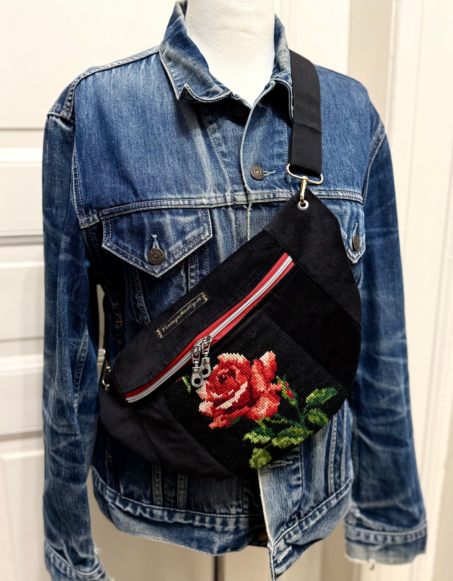 Vintage needlepoint red zip French vintage tapestry bum bag by Vintagemadbym