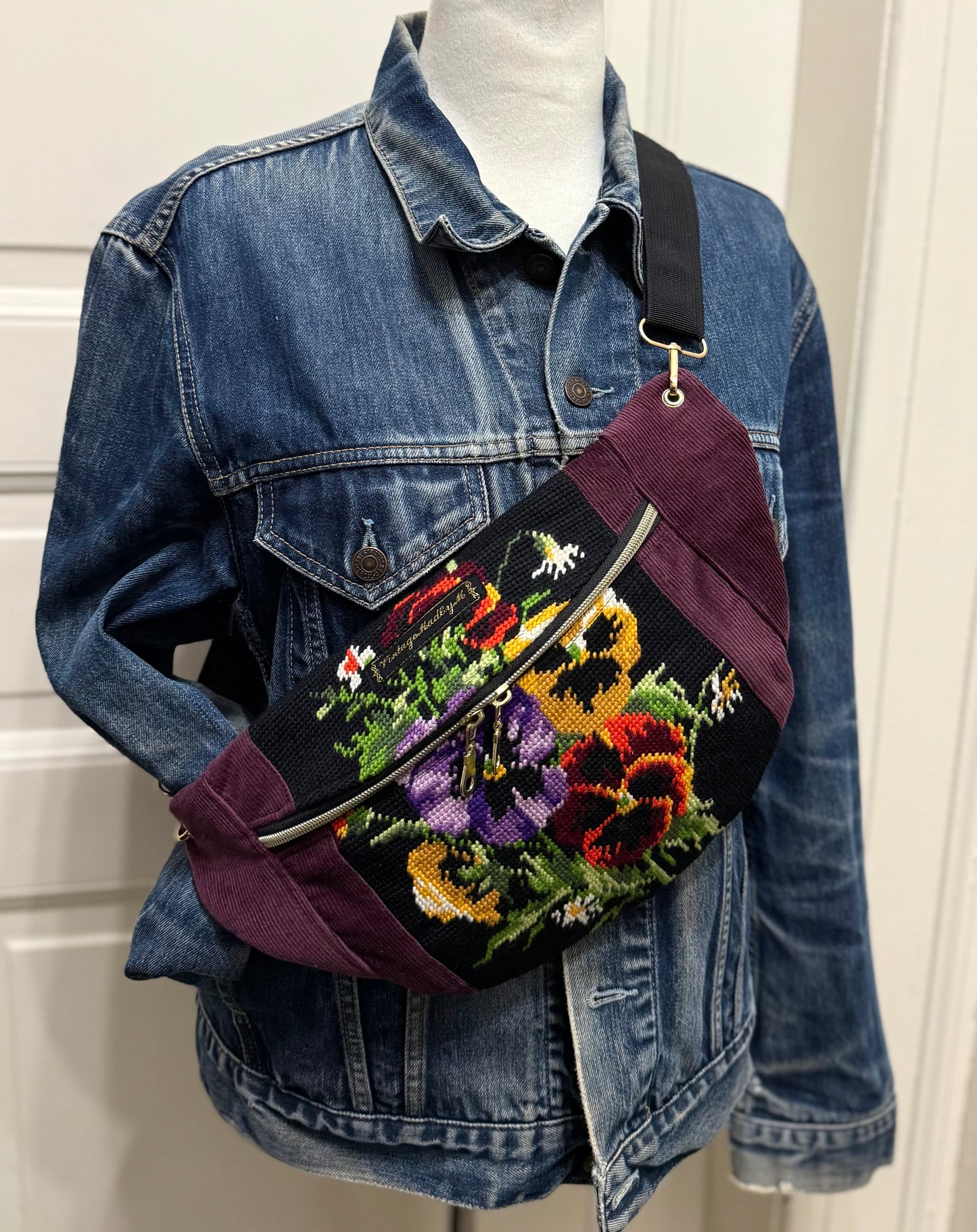 Dark Violet Vintage needlepoint French vintage tapestry bum bag by Vintagemadbym
