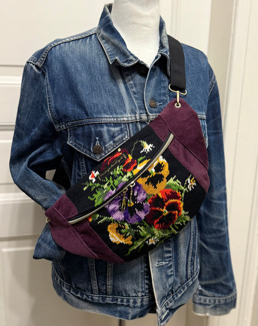 Dark Violet Vintage needlepoint French vintage tapestry bum bag by Vintagemadbym