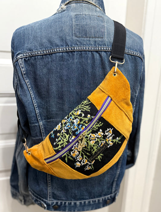 Yellow velvet Vintage needlepoint design French tapestry bum bag by Vintagemadbym